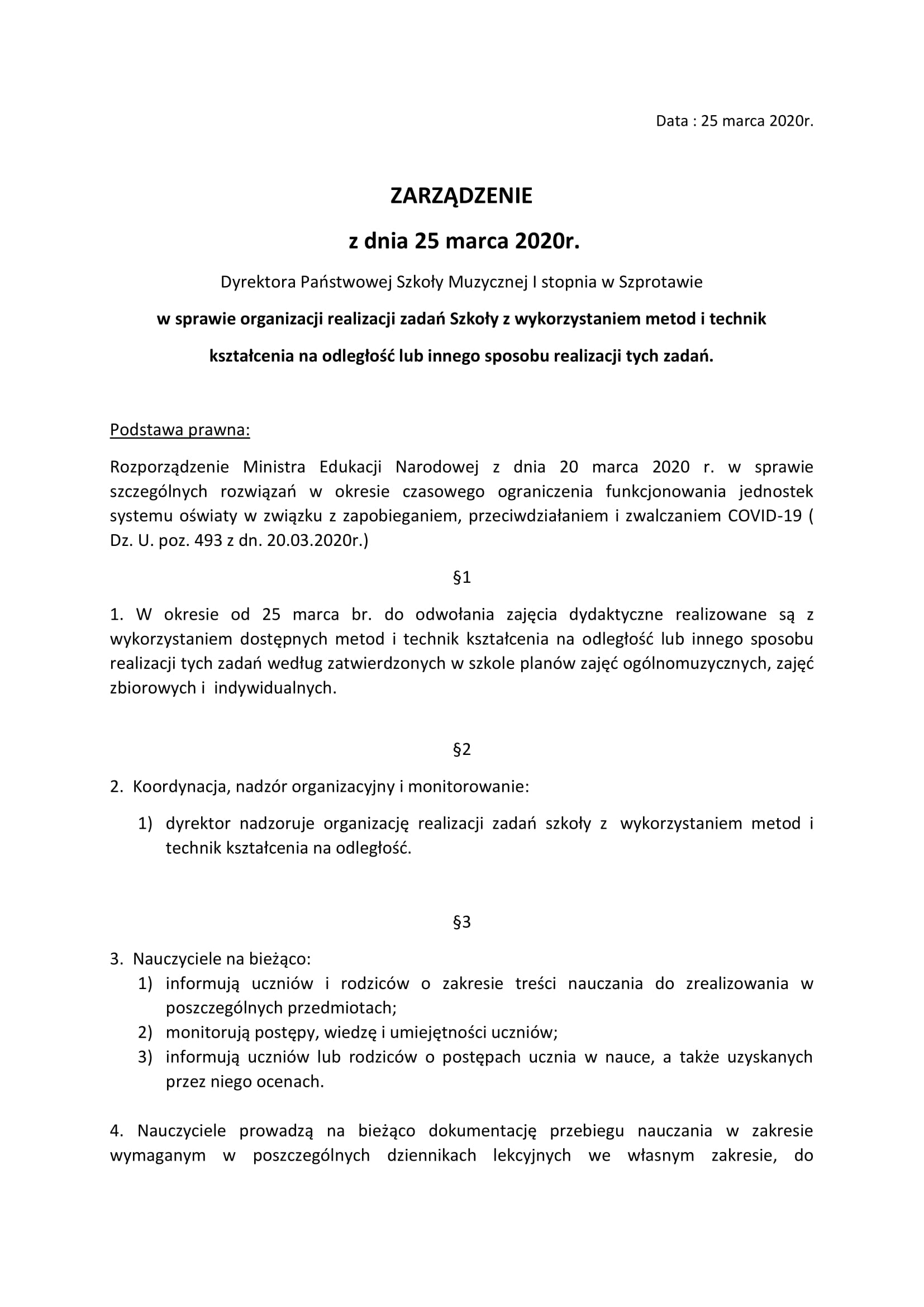 Zarządzenie Dyrektora Szkoły 1